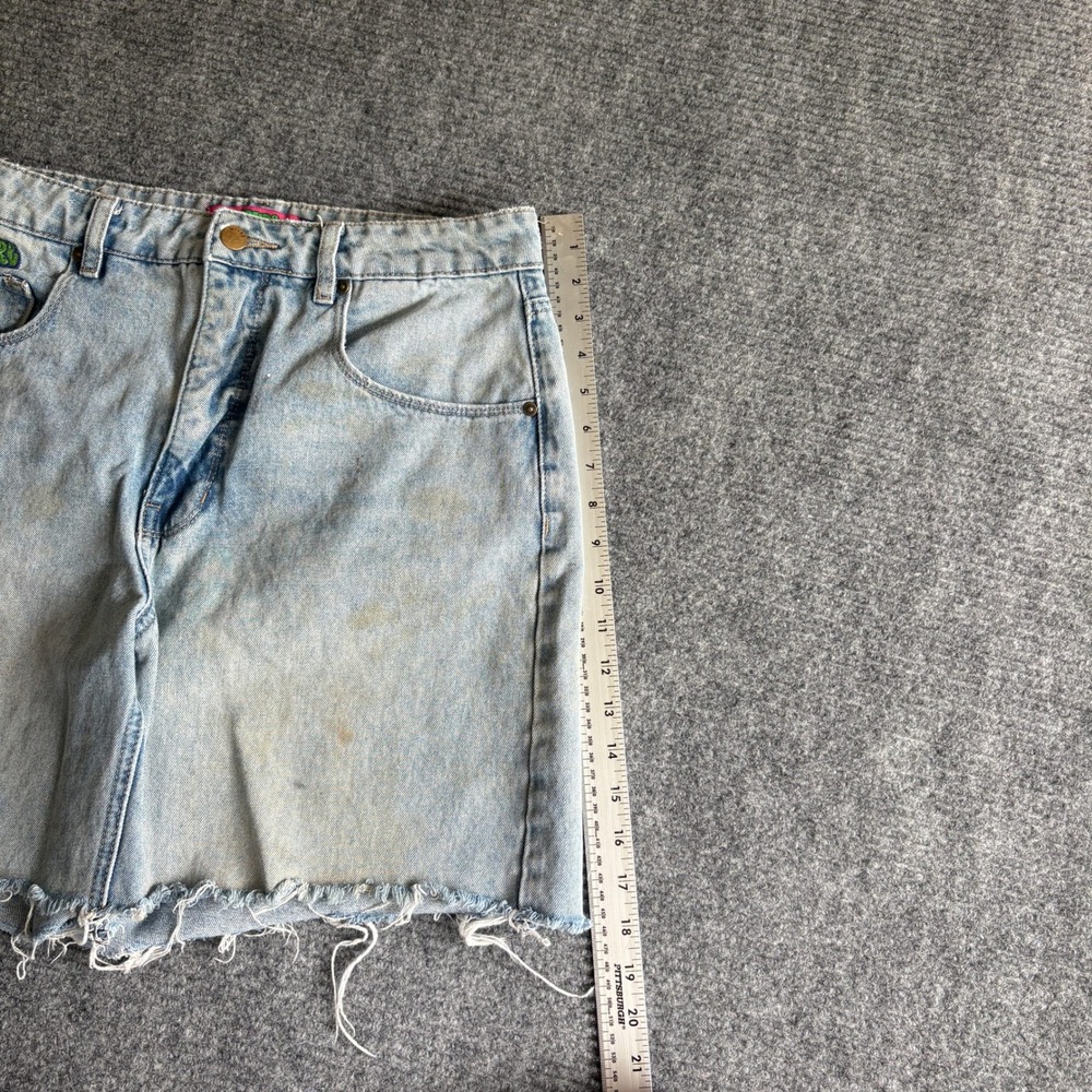 Empyre Light Wash Denim Mini Skirt Size 10 Embroidered Logo Raw Hem Frayed Blue - Picture 7 of 12